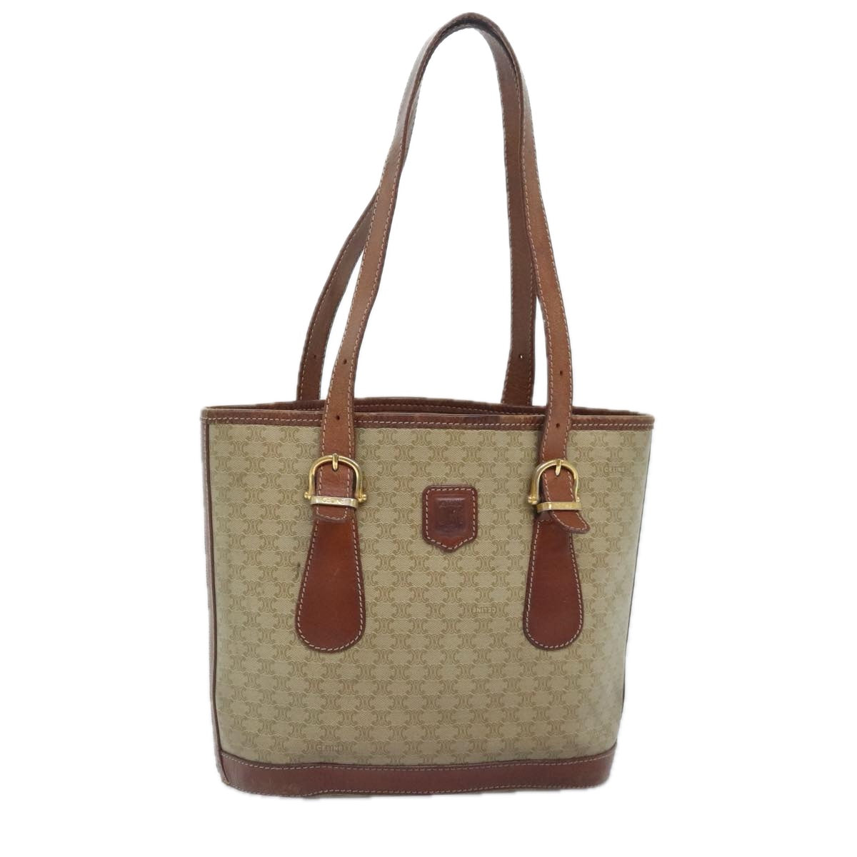 CELINE Macadam Canvas Tote Bag PVC Leather Beige Auth 90587