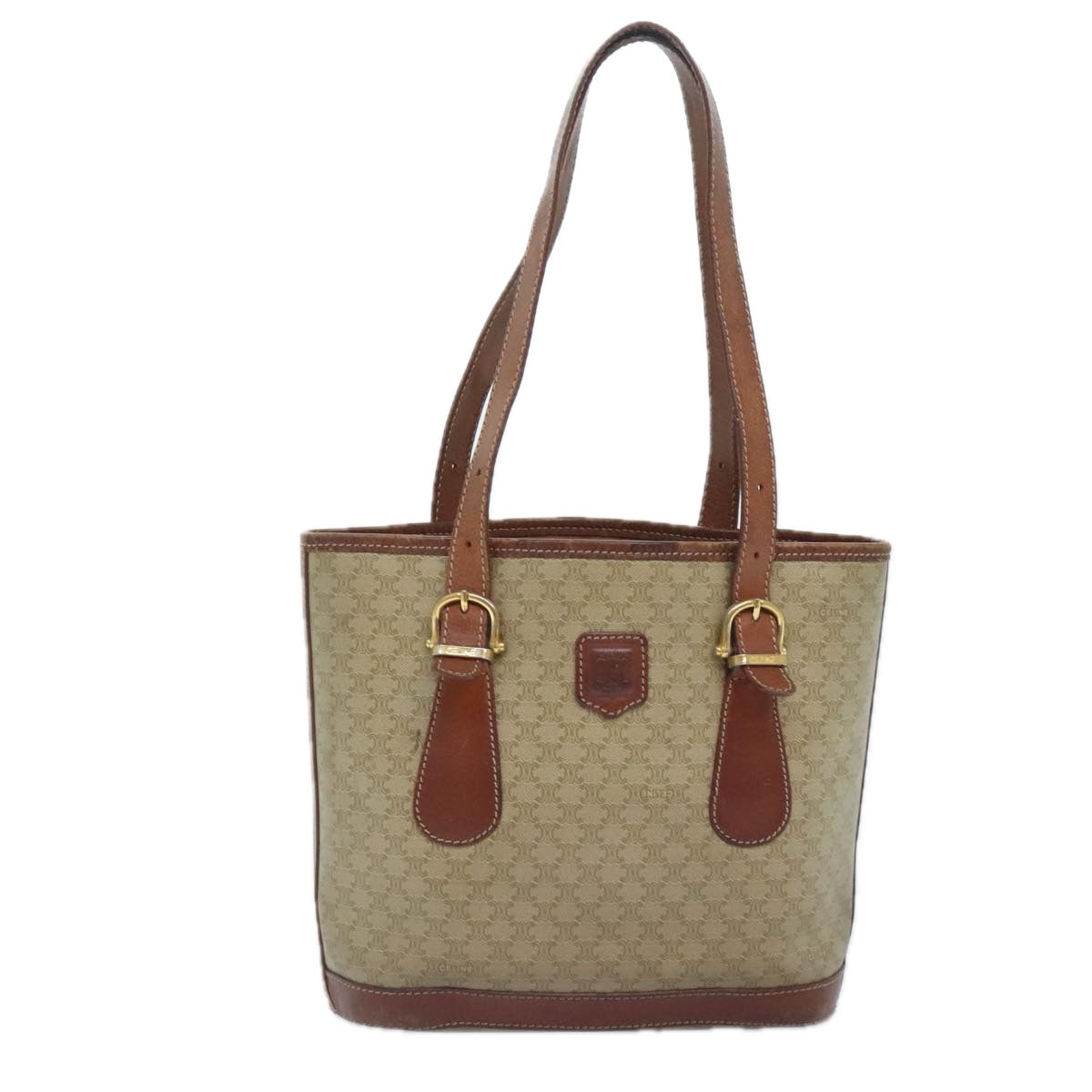 CELINE Macadam Canvas Tote Bag PVC Leather Beige Auth 90587