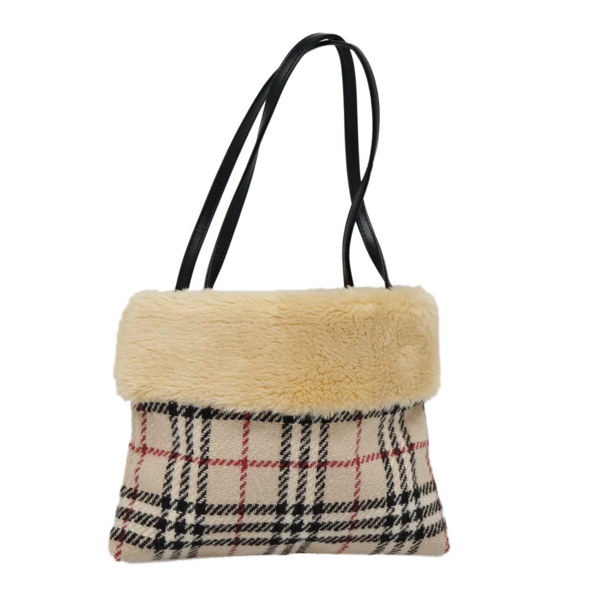 BURBERRY Nova Check Hand Bag Wool Leather Beige Black Auth 90591