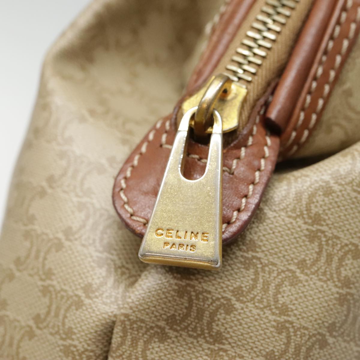 CELINE Macadam Canvas Pouch Beige Gold Auth 90594