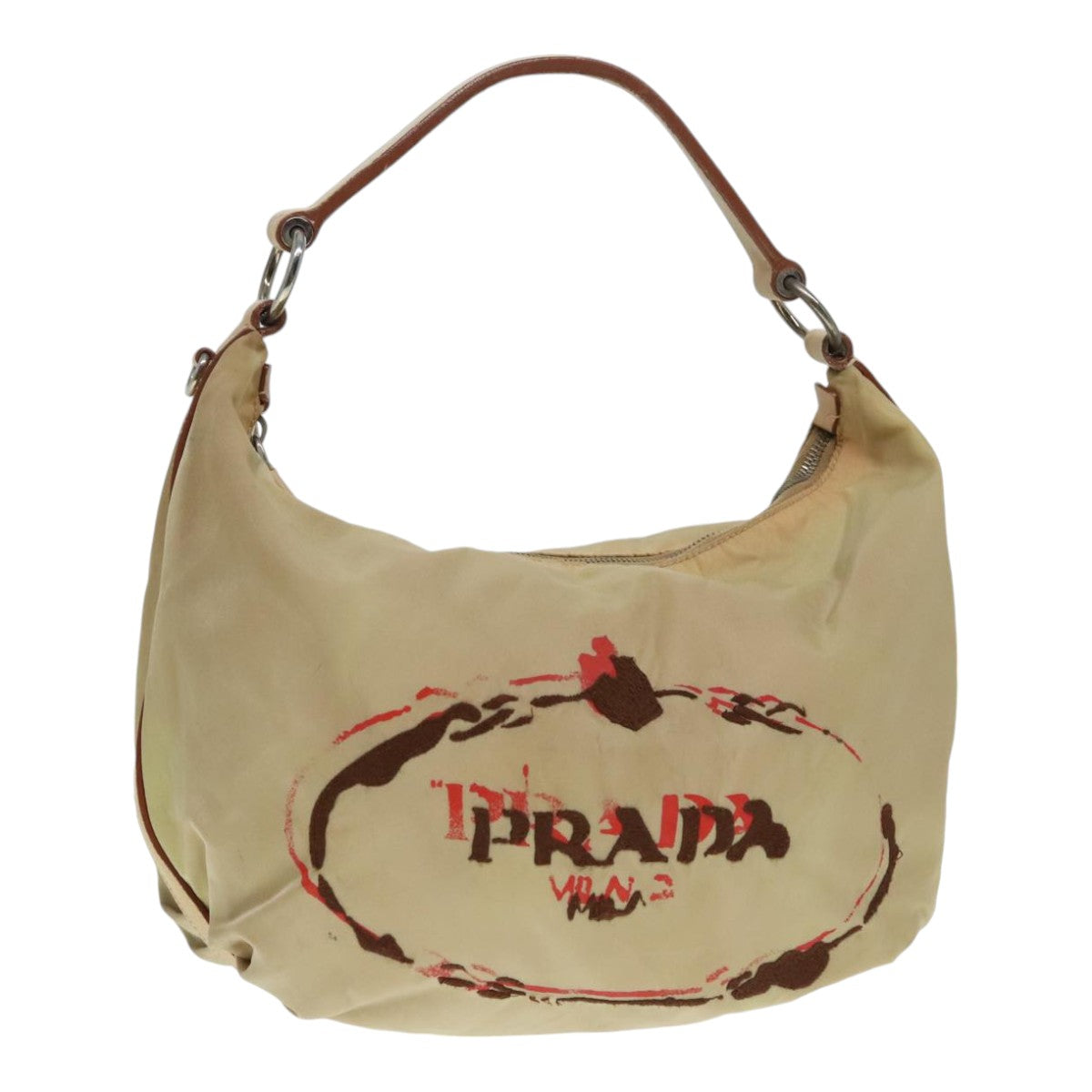 PRADA Shoulder Bag Nylon Leather Beige Silver Auth 90608