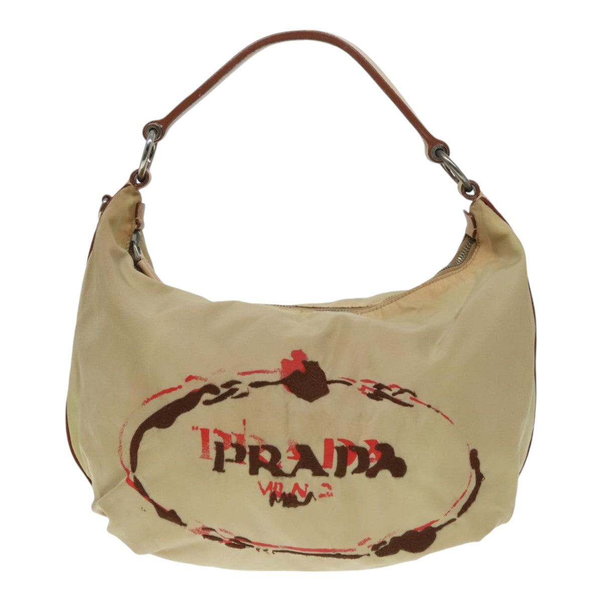 PRADA Shoulder Bag Nylon Leather Beige Silver Auth 90608