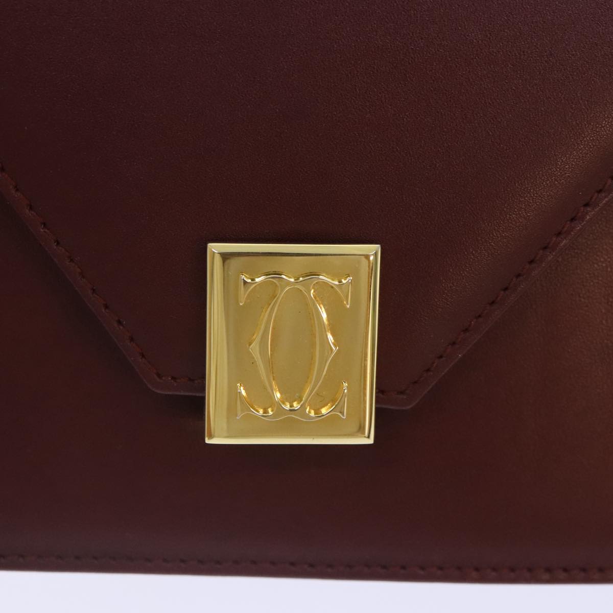 CARTIER Shoulder Bag Leather Bordeaux Gold Auth 90610