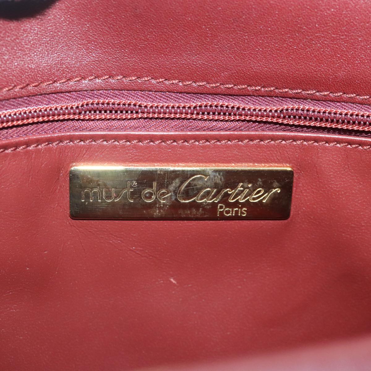 CARTIER Shoulder Bag Leather Bordeaux Gold Auth 90610