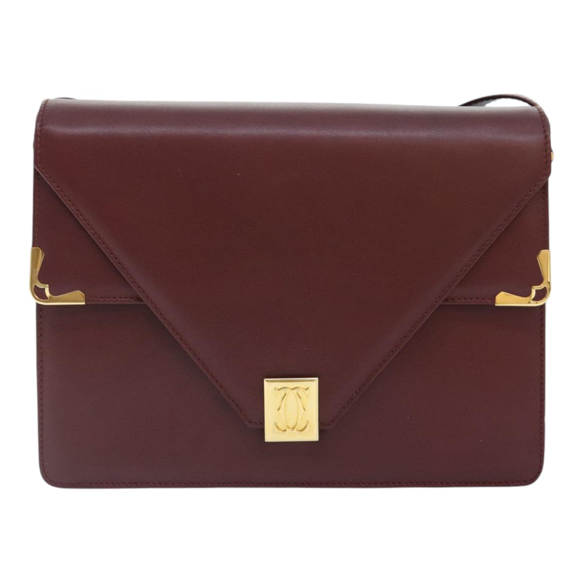 CARTIER Shoulder Bag Leather Bordeaux Gold Auth 90610