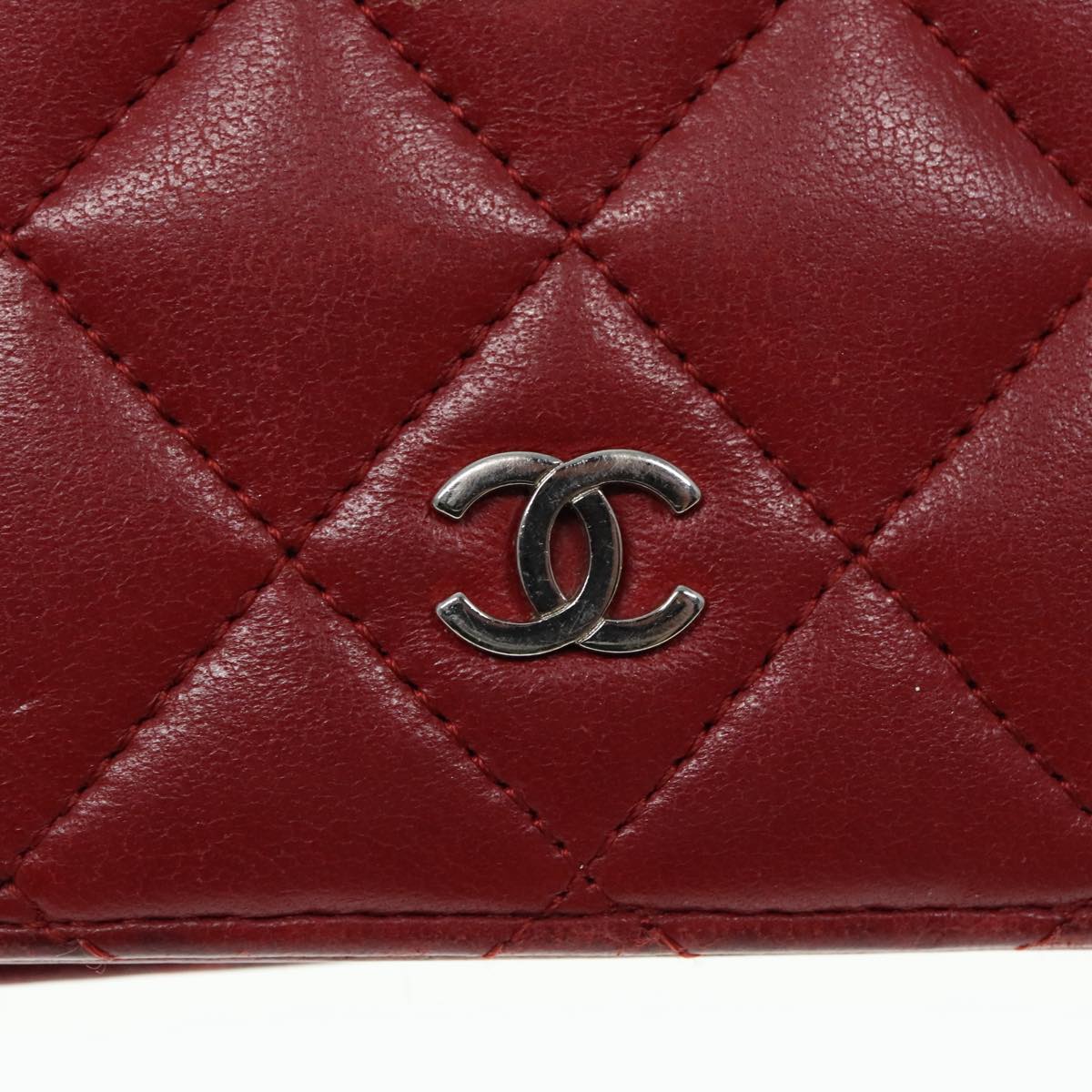 CHANEL Matelasse Wallet Lamb Skin Red Silver CC Auth 90620