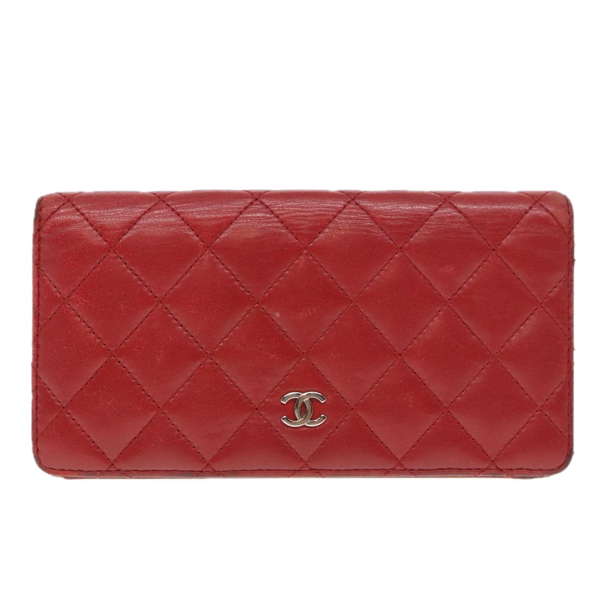 CHANEL Matelasse Wallet Lamb Skin Red Silver CC Auth 90620