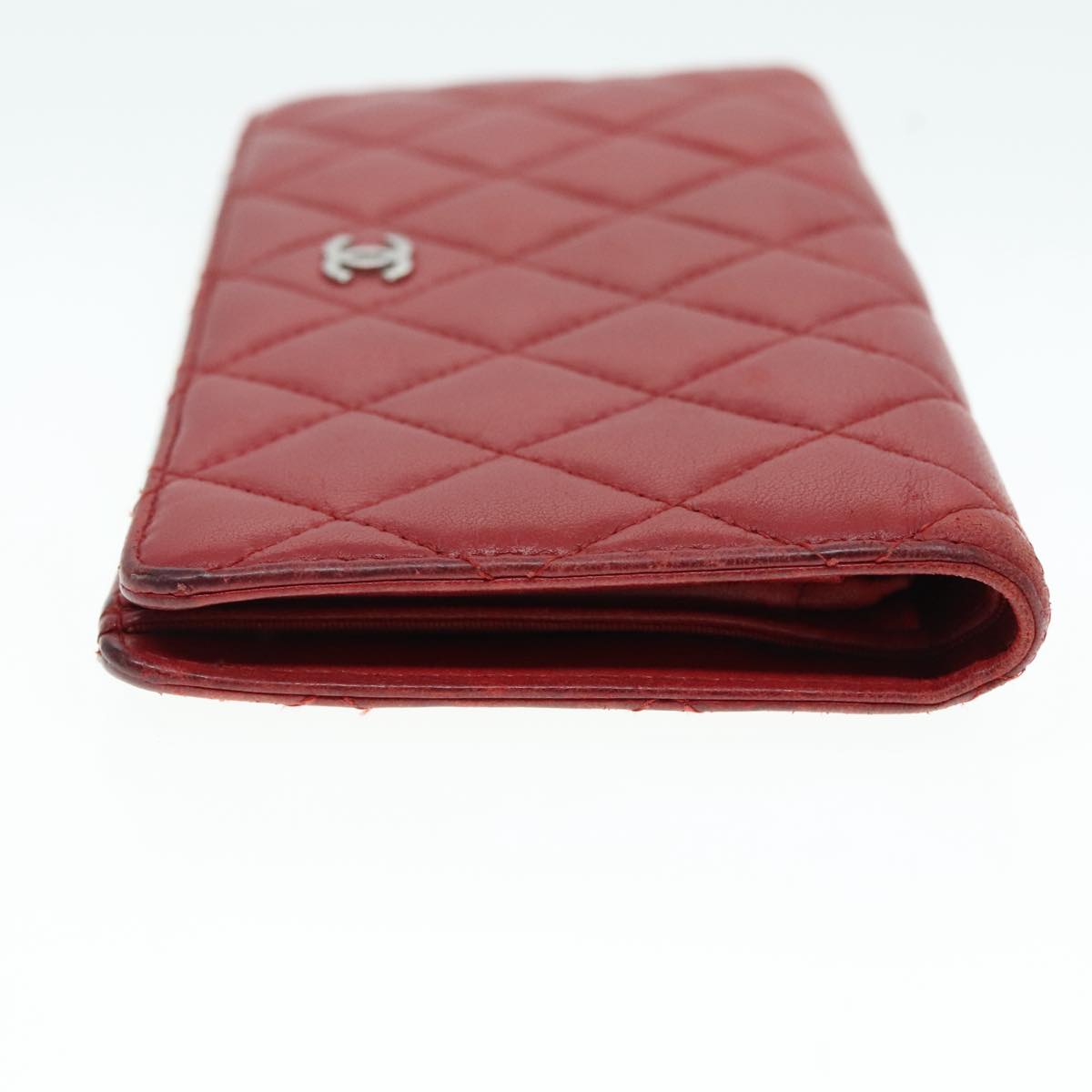 CHANEL Matelasse Wallet Lamb Skin Red Silver CC Auth 90620