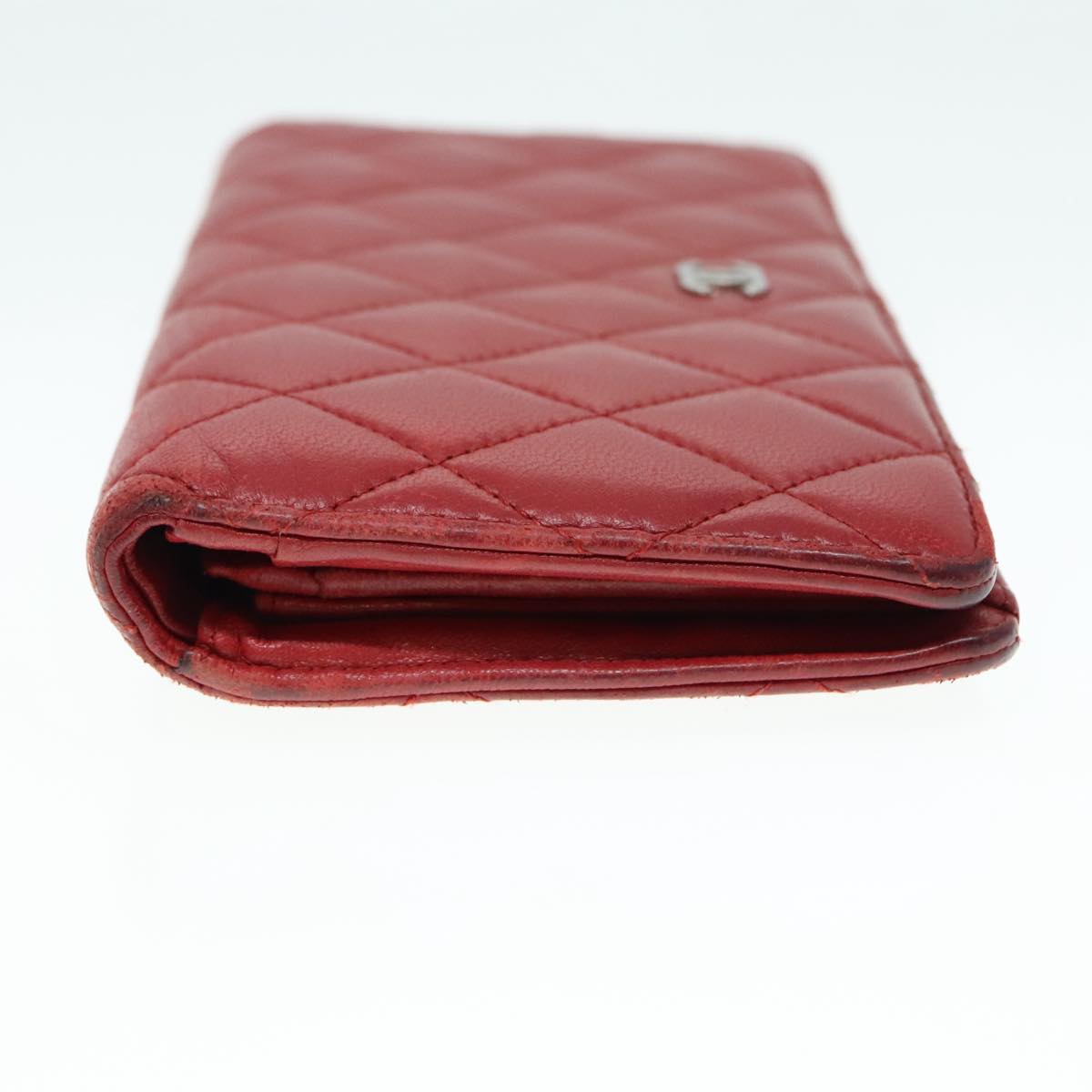 CHANEL Matelasse Wallet Lamb Skin Red Silver CC Auth 90620