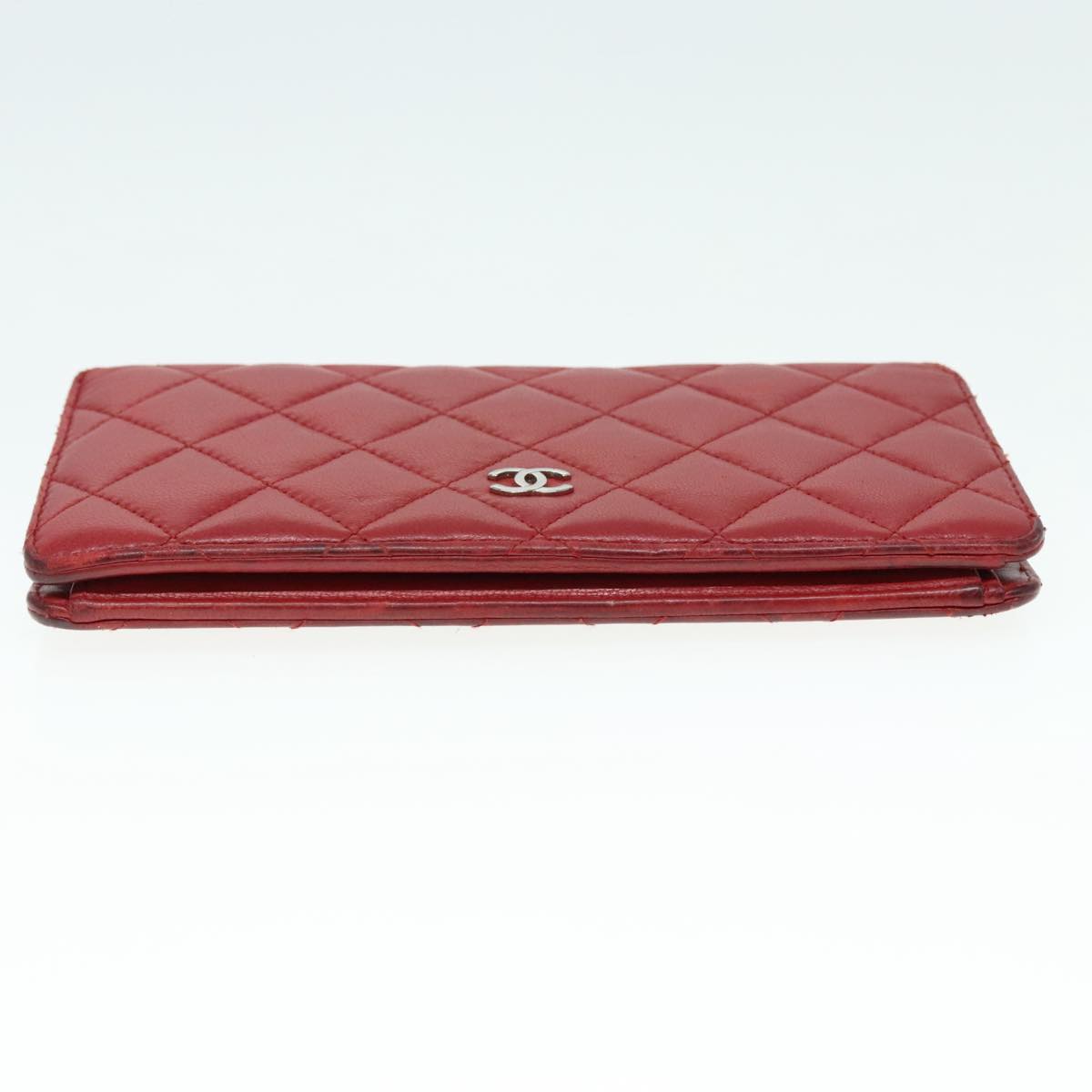 CHANEL Matelasse Wallet Lamb Skin Red Silver CC Auth 90620