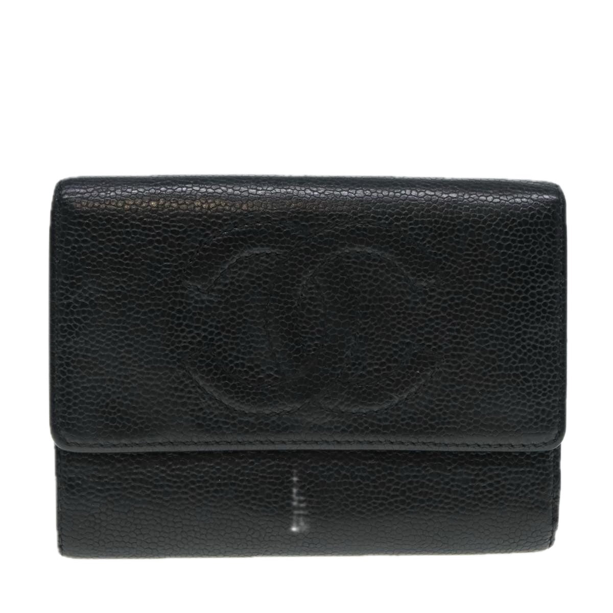 CHANEL COCO Mark Wallet Caviar Skin Black Gold CC Auth 90623