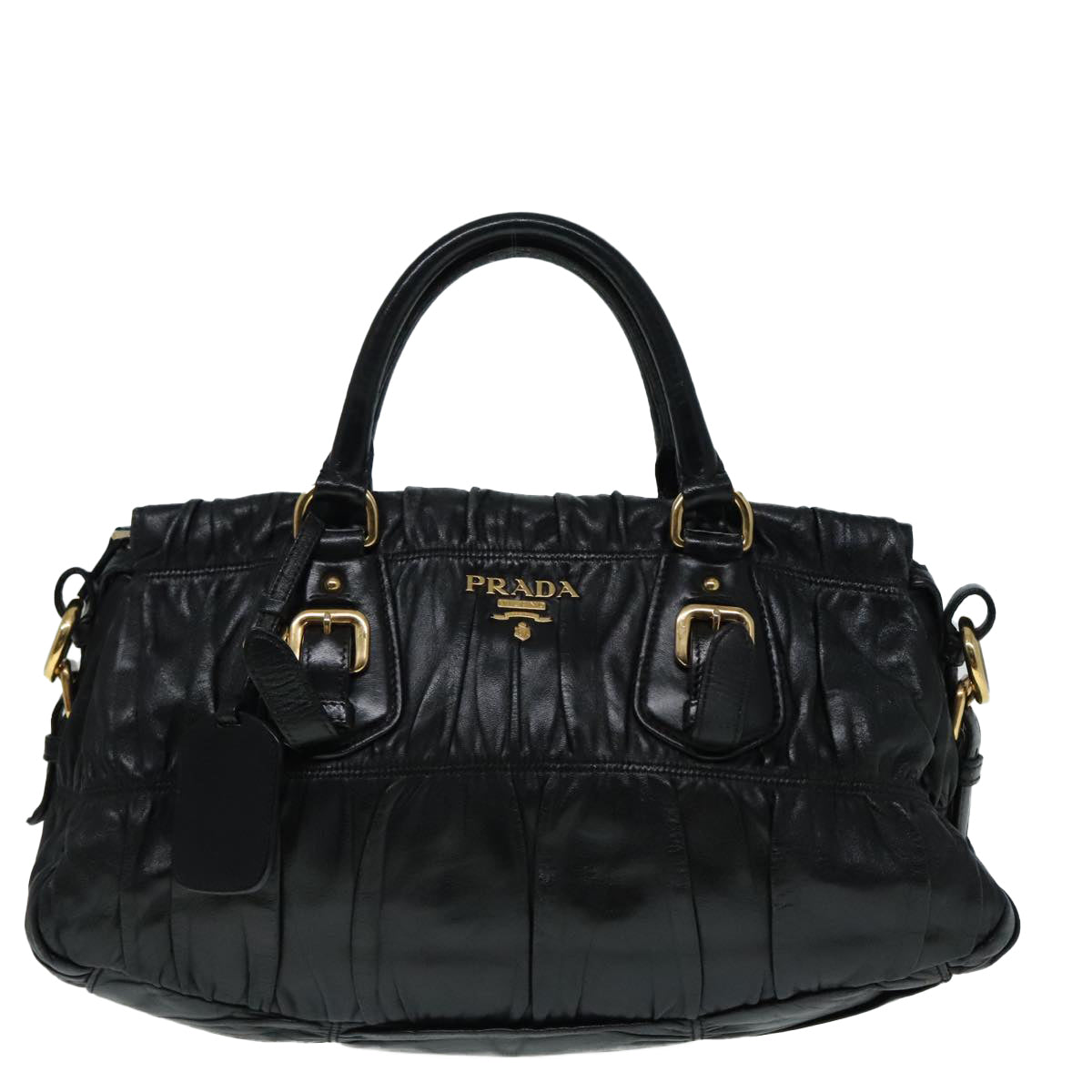 PRADA Gathered Hand Bag Leather Black Gold Auth 90639