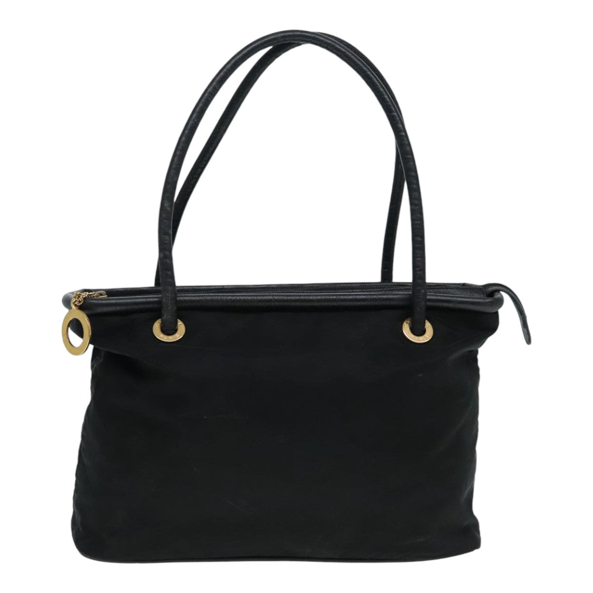 CELINE Tote Bag Nylon Leather Black Gold Auth 90677