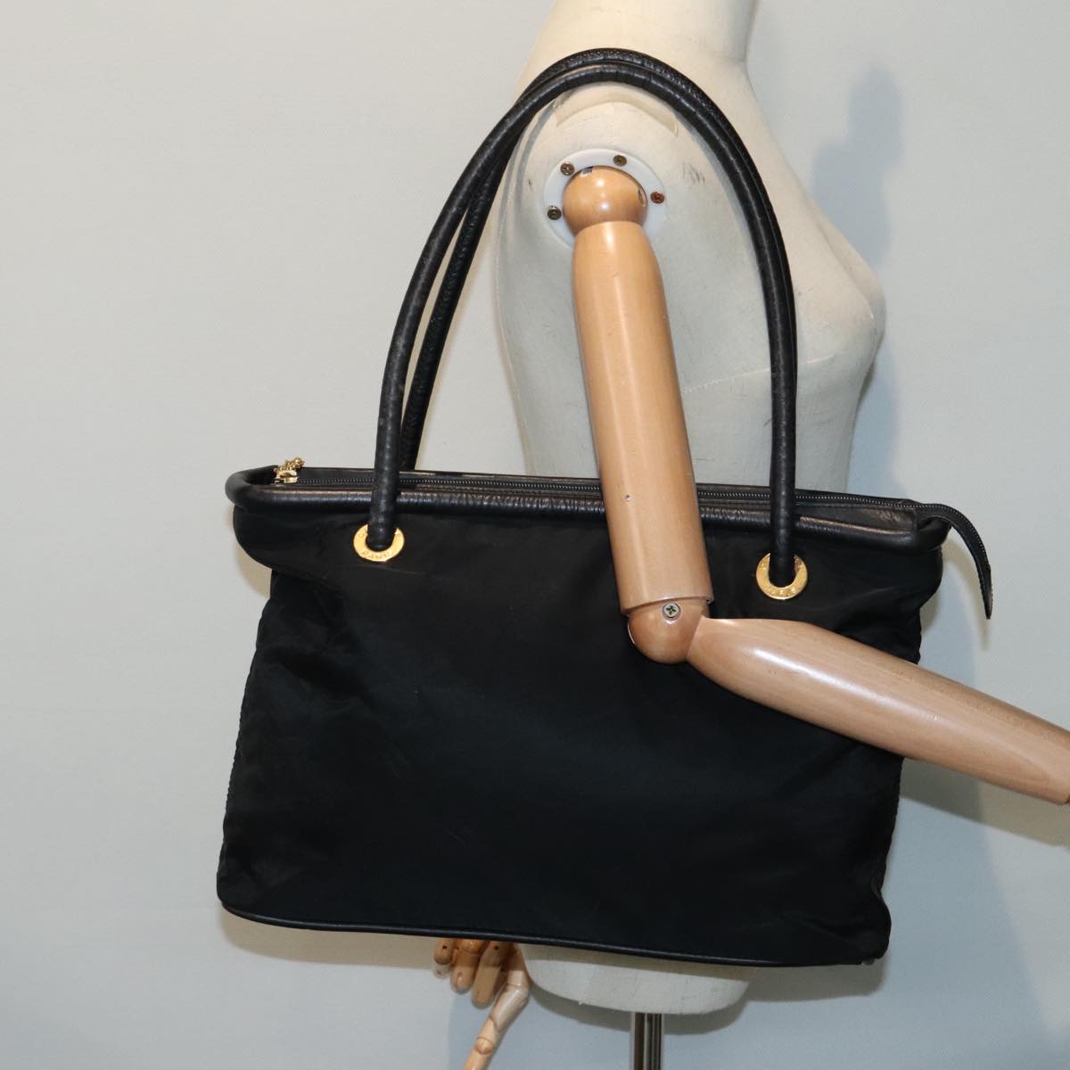 CELINE Tote Bag Nylon Leather Black Gold Auth 90677