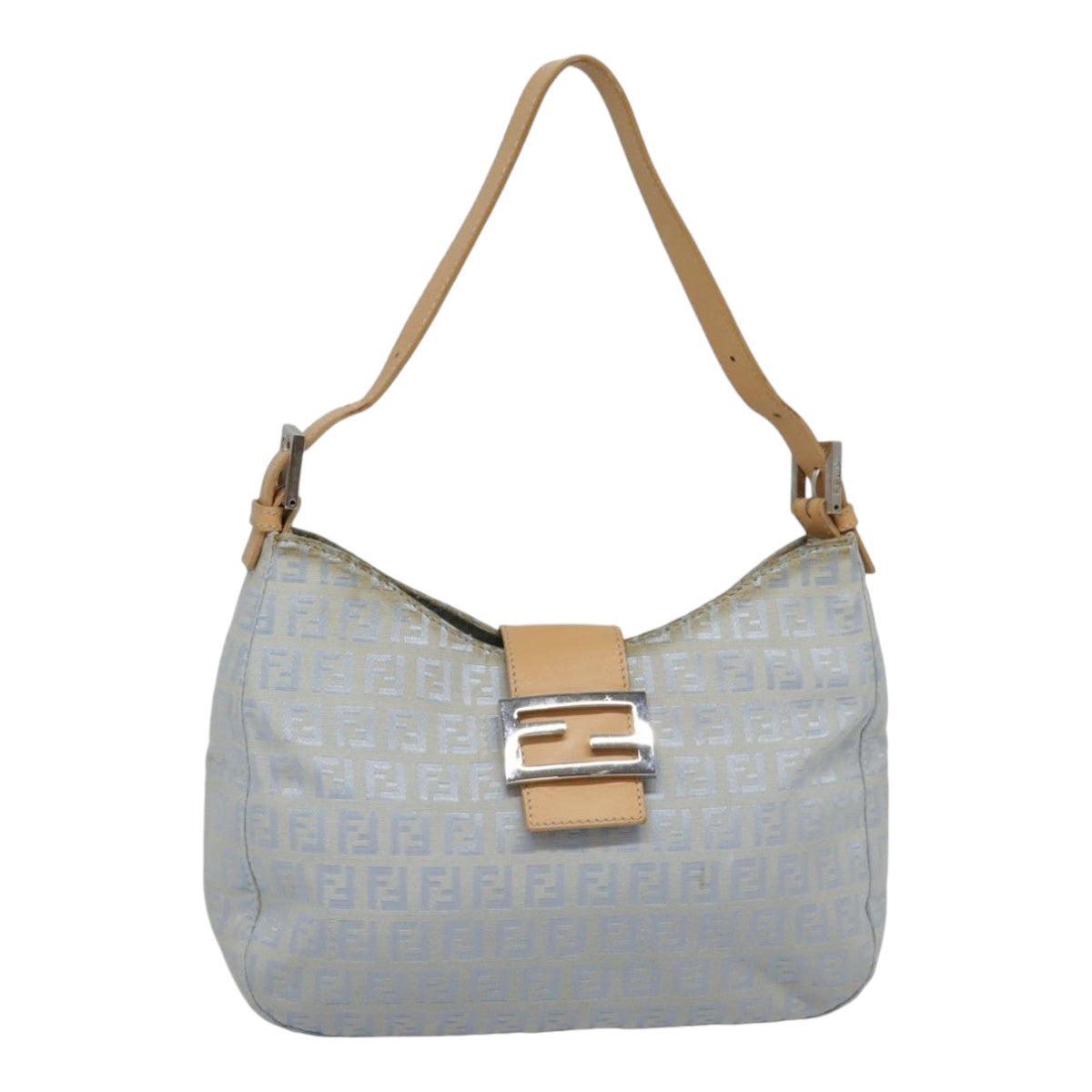 FENDI Zucchino Canvas Mamma Baguette Shoulder Bag Light Blue Silver Auth 90704