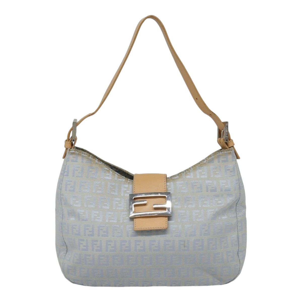 FENDI Zucchino Canvas Mamma Baguette Shoulder Bag Light Blue Silver Auth 90704