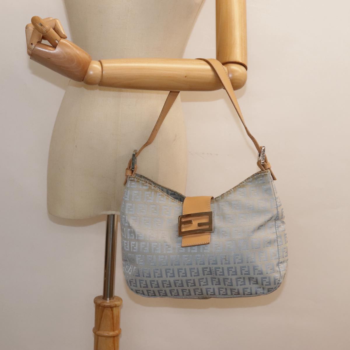 FENDI Zucchino Canvas Mamma Baguette Shoulder Bag Light Blue Silver Auth 90704