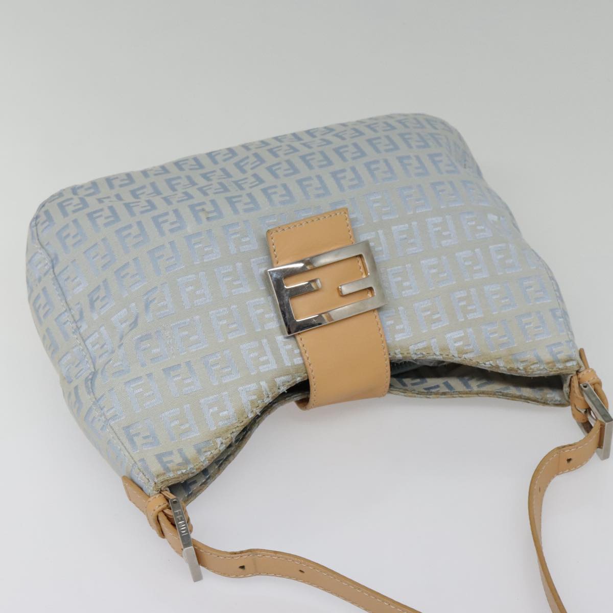 FENDI Zucchino Canvas Mamma Baguette Shoulder Bag Light Blue Silver Auth 90704