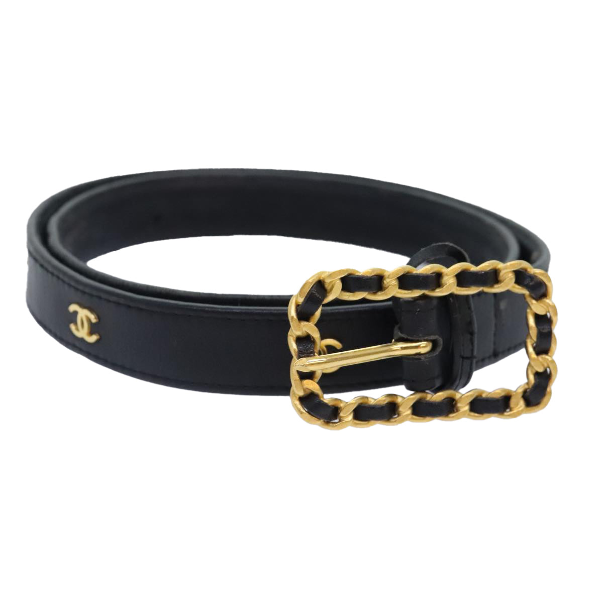 CHANEL COCO Mark Belt Leather Black Gold CC Auth 90713