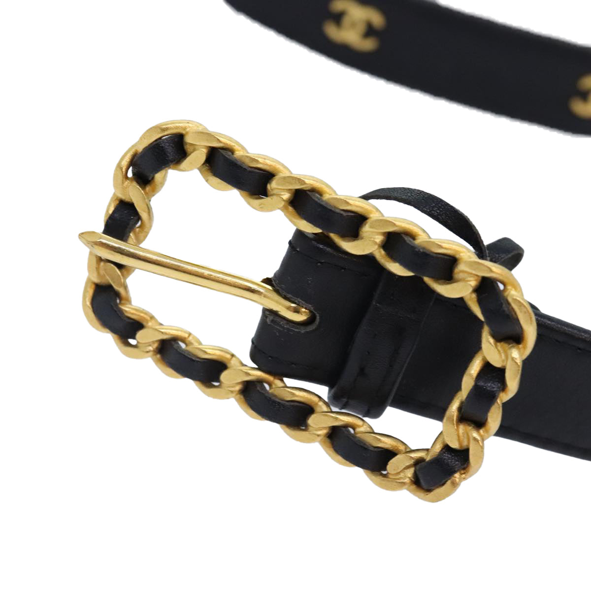 CHANEL COCO Mark Belt Leather Black Gold CC Auth 90713