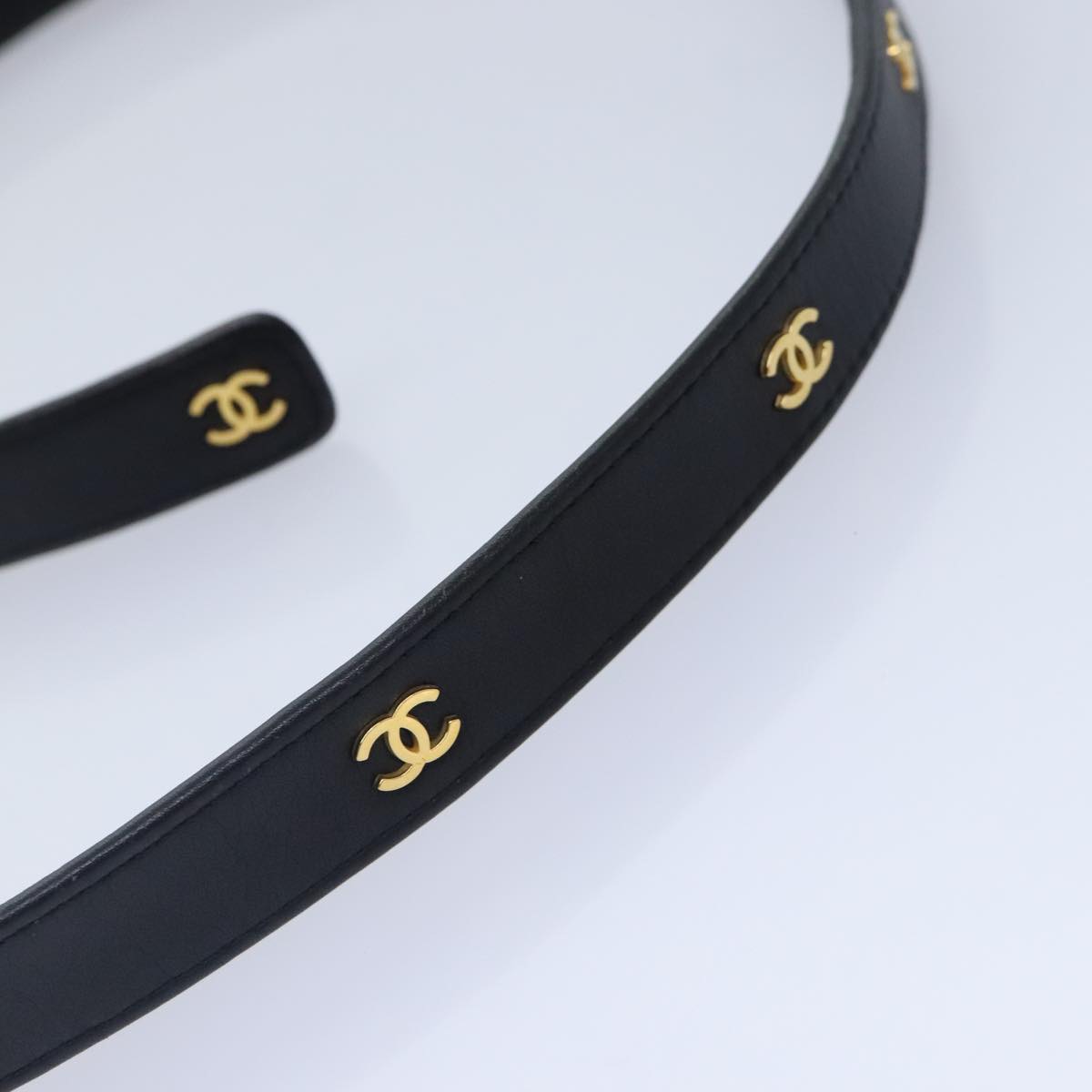 CHANEL COCO Mark Belt Leather Black Gold CC Auth 90713