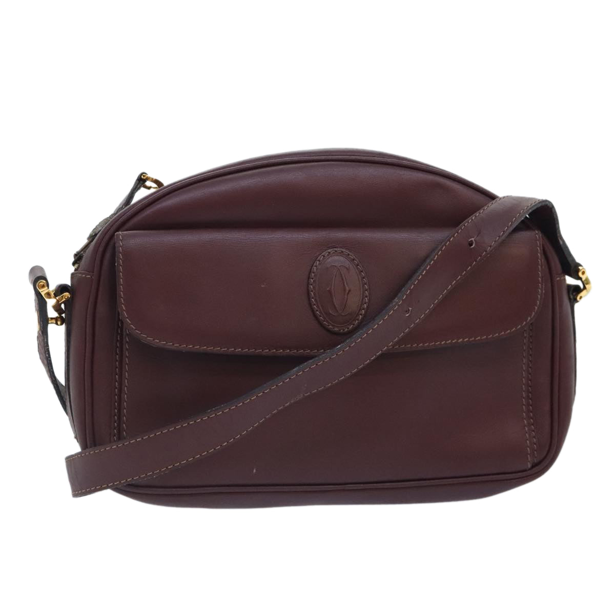 CARTIER Shoulder Bag Leather Bordeaux Auth 90715