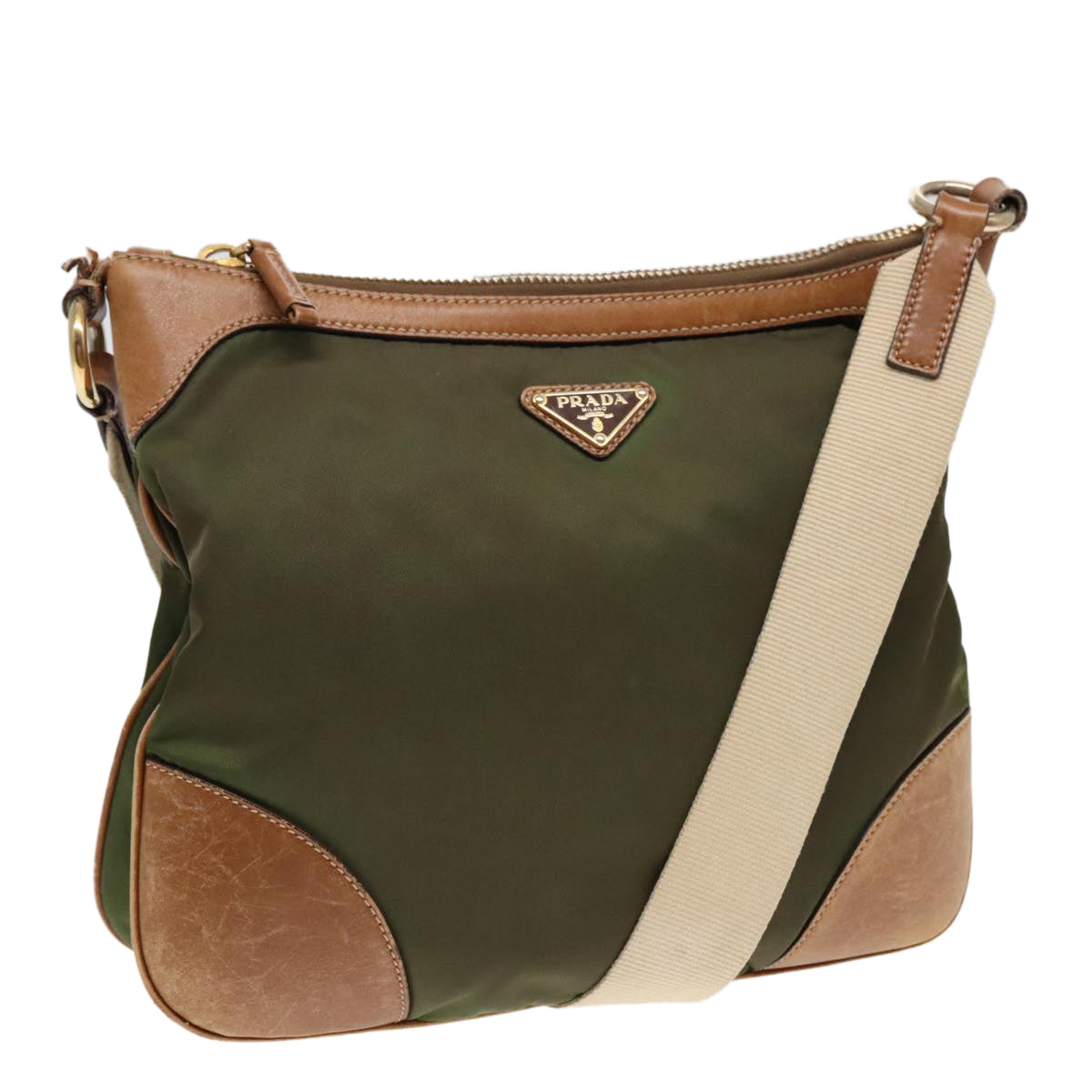 PRADA Shoulder Bag Nylon Green Gold Auth 90748