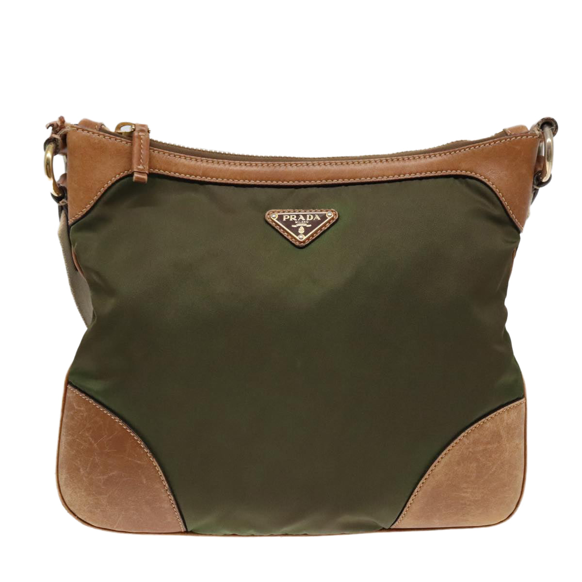 PRADA Shoulder Bag Nylon Green Gold Auth 90748