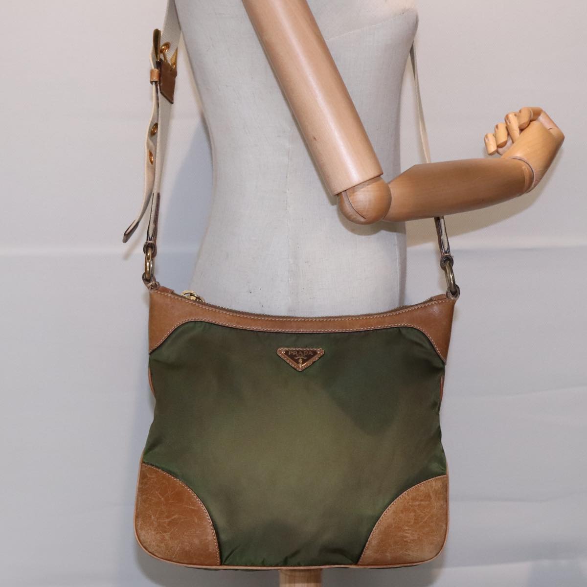 PRADA Shoulder Bag Nylon Green Gold Auth 90748