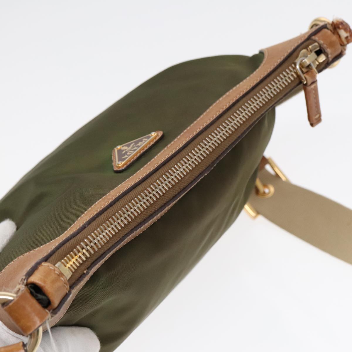 PRADA Shoulder Bag Nylon Green Gold Auth 90748