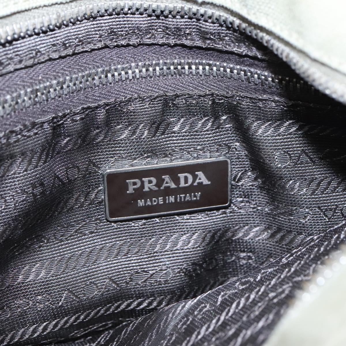 PRADA Hand Bag Canvas Khaki Silver Auth 90754