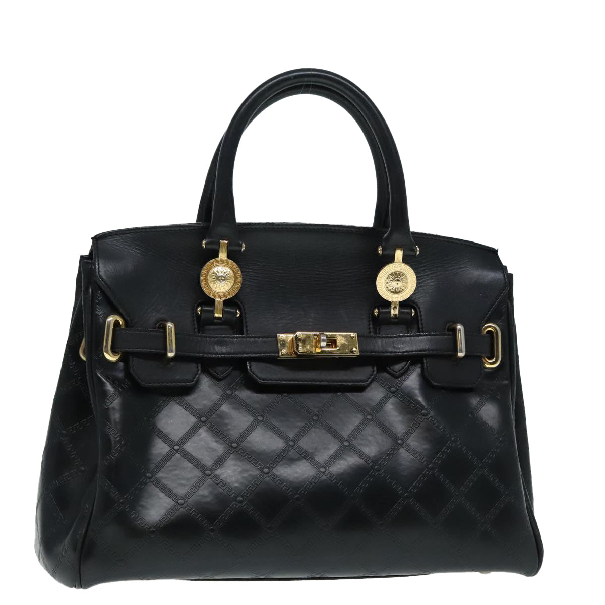 VERSACE Hand Bag Leather Black Auth 90763