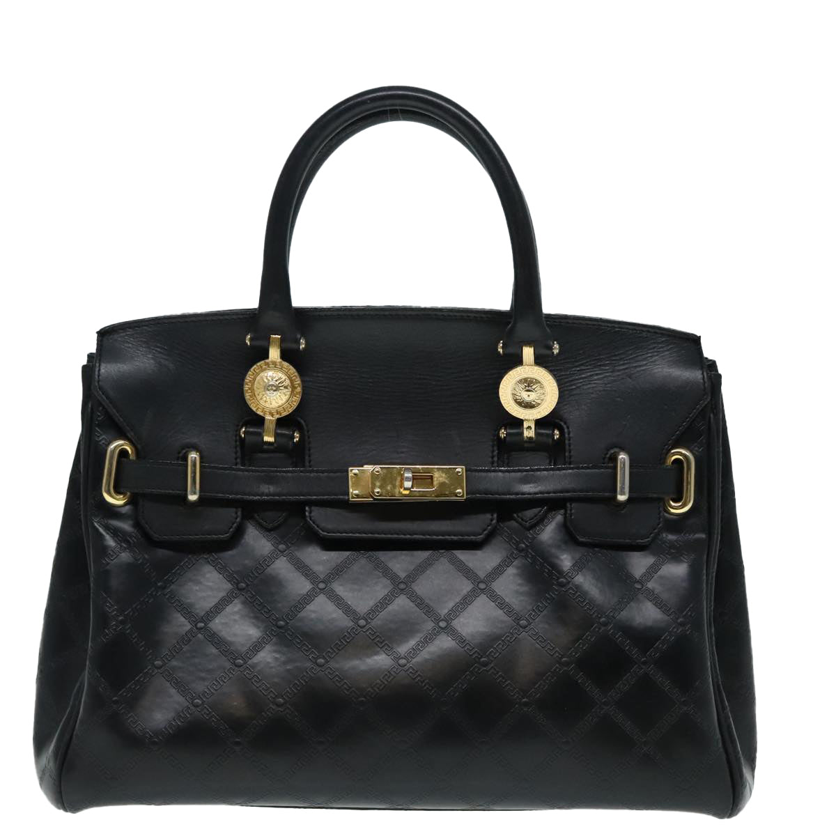 VERSACE Hand Bag Leather Black Auth 90763