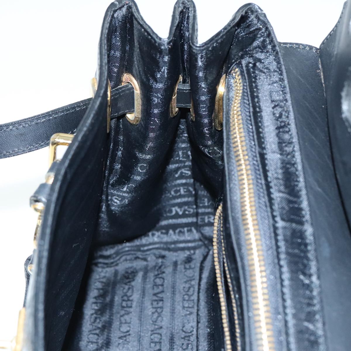 VERSACE Hand Bag Leather Black Auth 90763