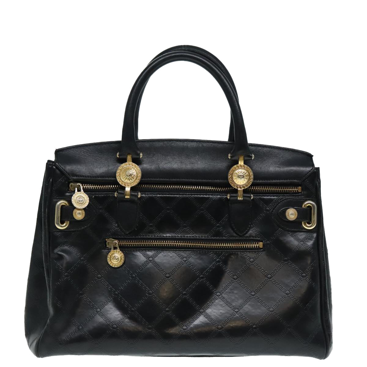 VERSACE Hand Bag Leather Black Auth 90763