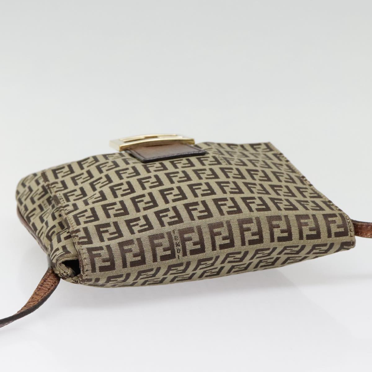 FENDI Zucchino Canvas Shoulder Bag Beige Gold Auth 90776