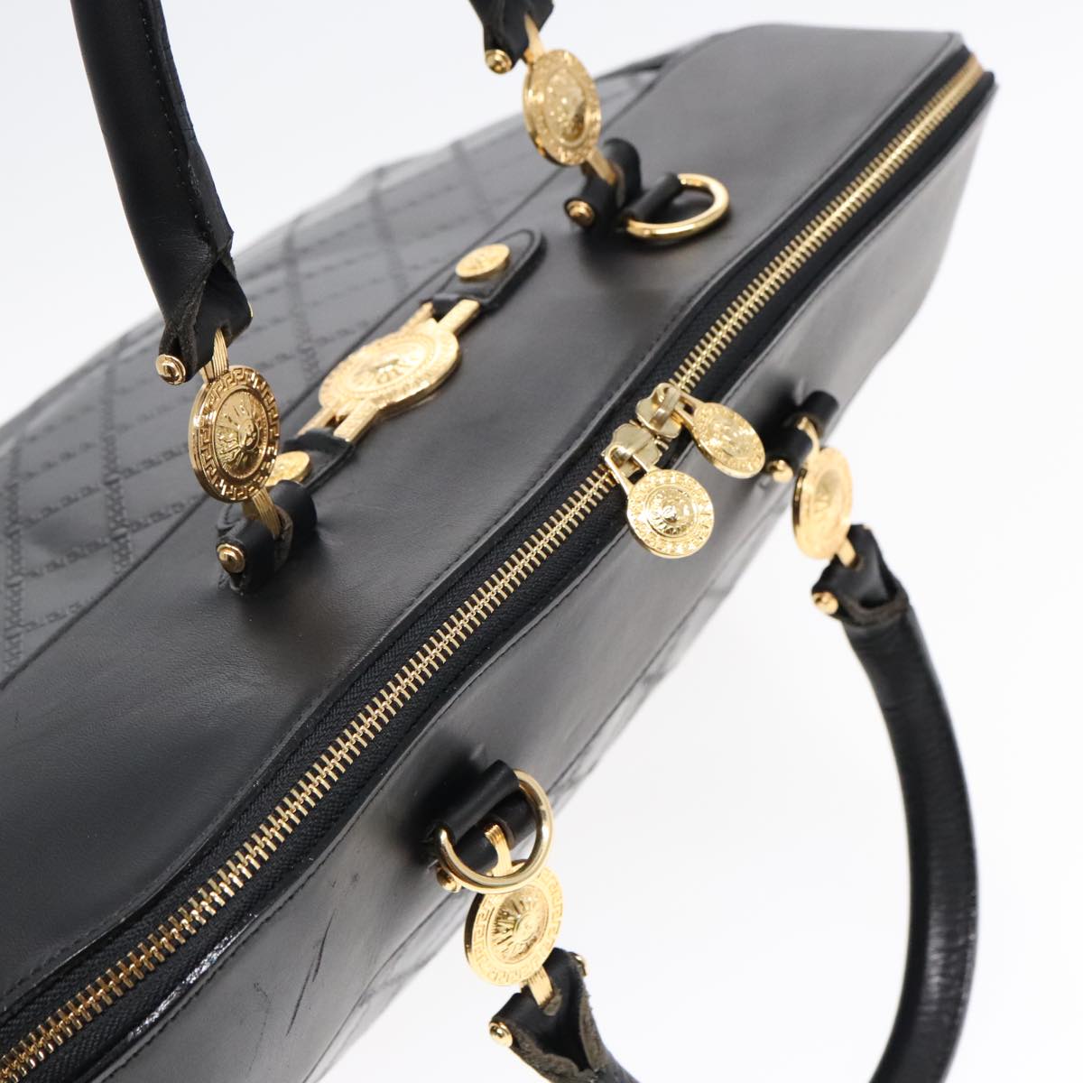 VERSACE Hand Bag Leather 2way Black Auth 90778