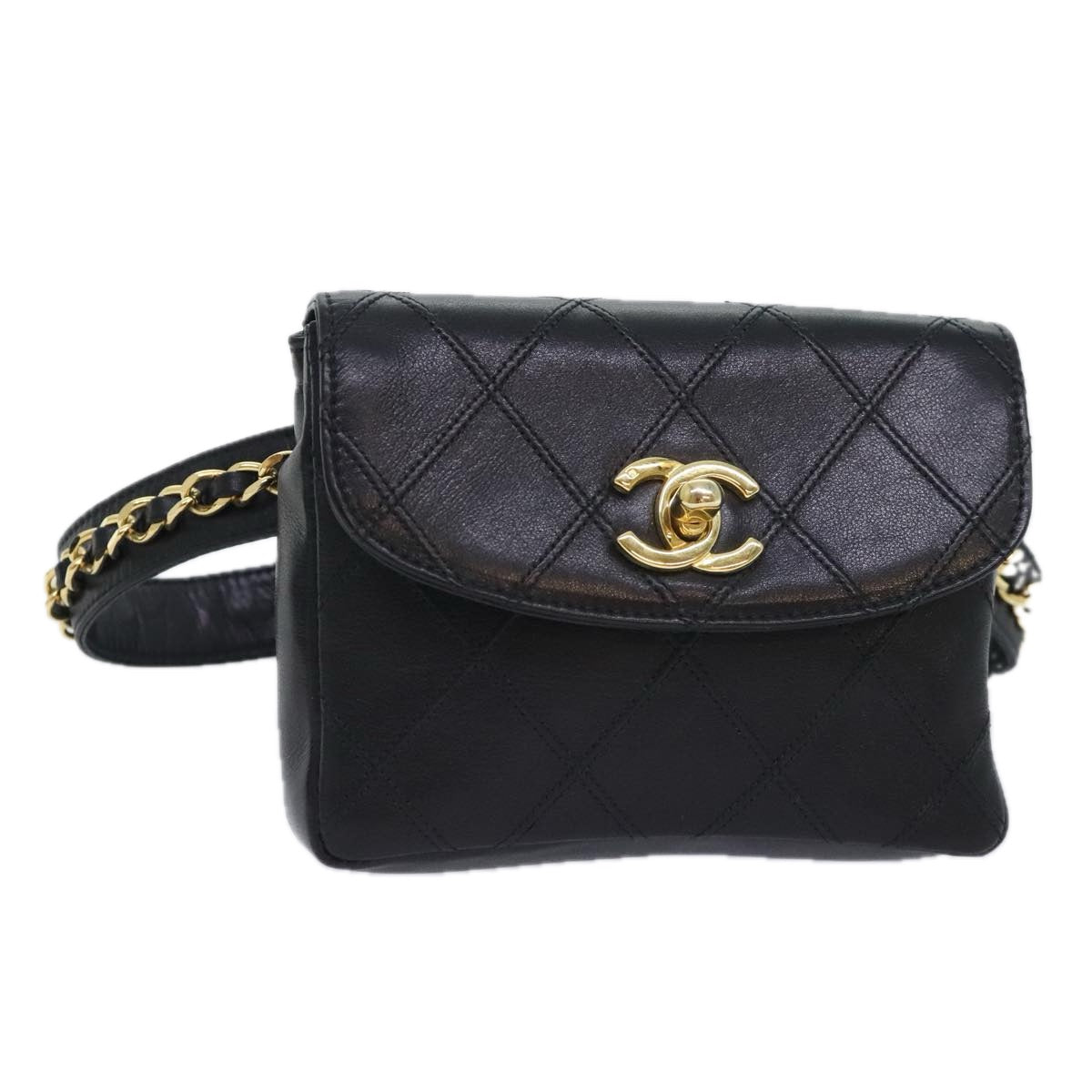 CHANEL Bicolore Chain Waist bag Leather Black Gold CC Auth 90785A