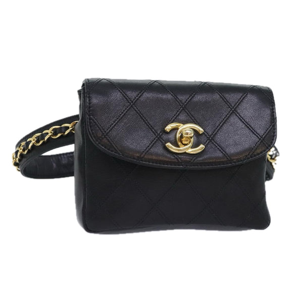CHANEL Bicolore Chain Waist bag Leather Black Gold CC Auth 90785M