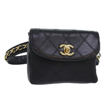 CHANEL Bicolore Chain Waist bag Leather Black Gold CC Auth 90785AM