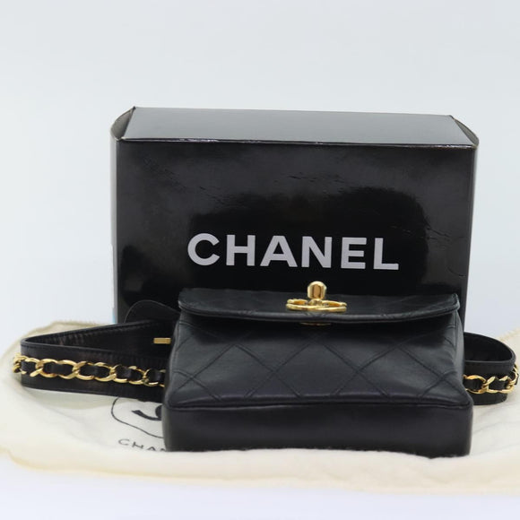 CHANEL Bicolore Chain Waist bag Leather Black Gold CC Auth 90785M
