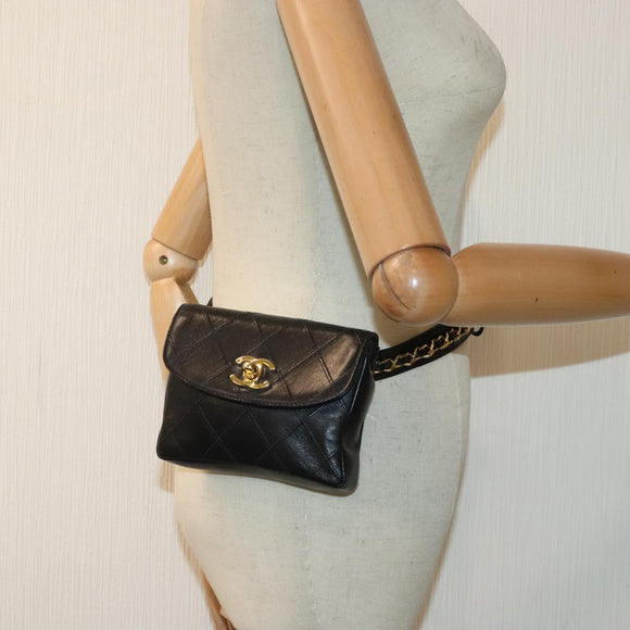 CHANEL Bicolore Chain Waist bag Leather Black Gold CC Auth 90785M