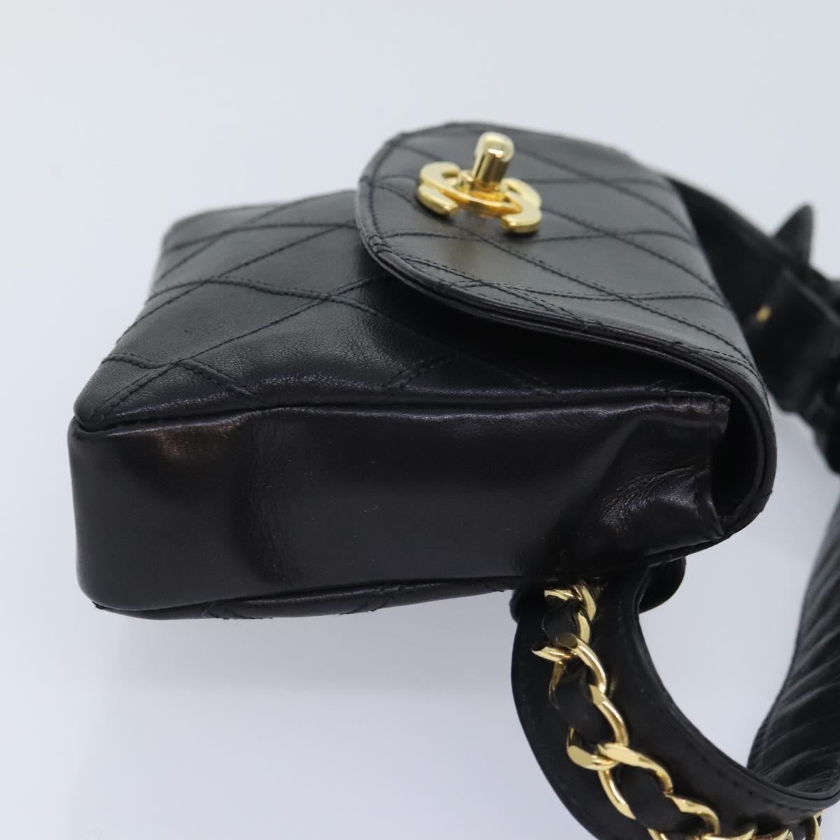 CHANEL Bicolore Chain Waist bag Leather Black Gold CC Auth 90785A