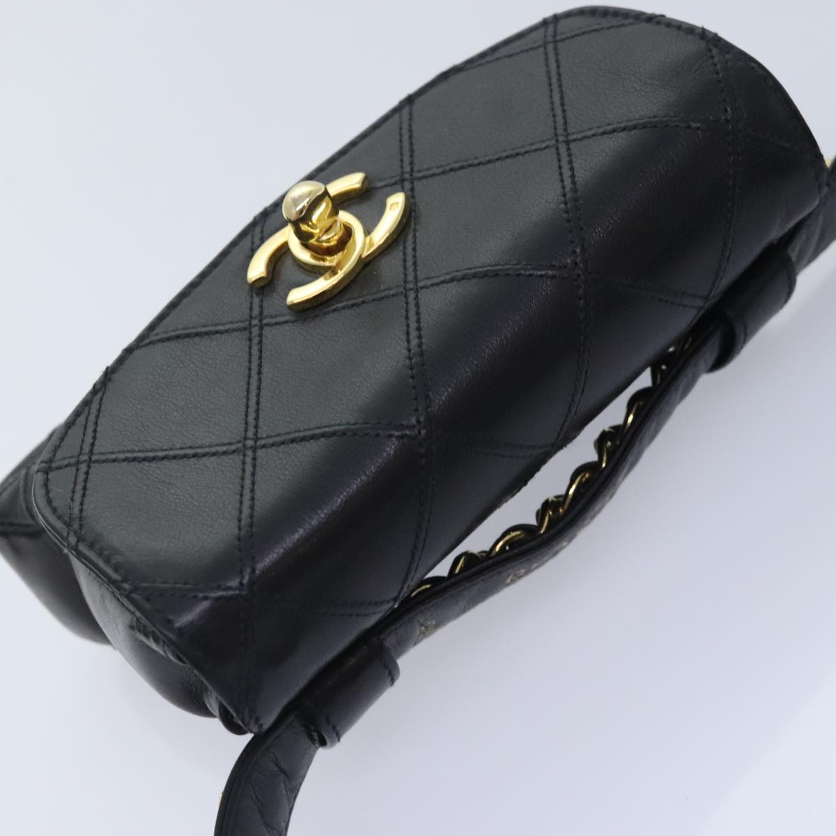 CHANEL Bicolore Chain Waist bag Leather Black Gold CC Auth 90785A