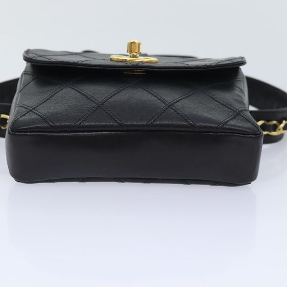 CHANEL Bicolore Chain Waist bag Leather Black Gold CC Auth 90785M