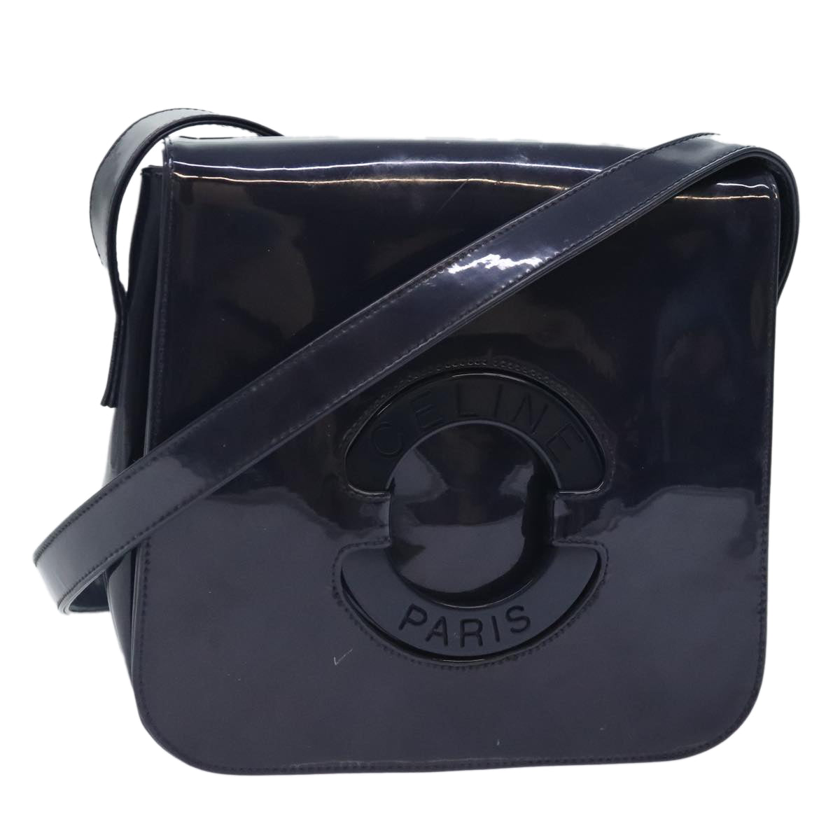 CELINE Circle Shoulder Bag Enamel Navy Silver Auth 90803