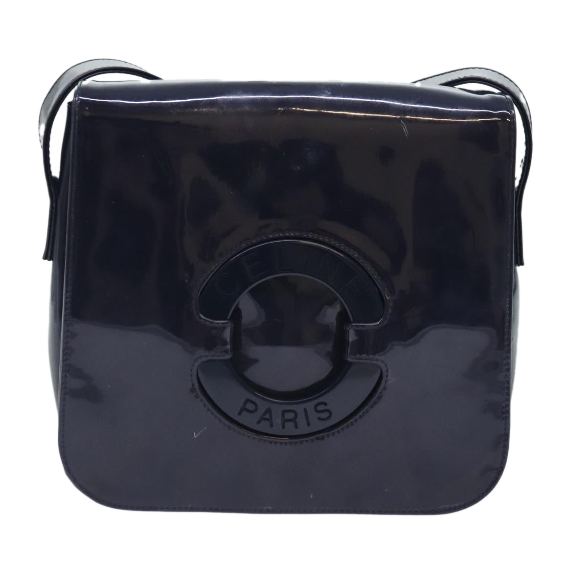 CELINE Circle Shoulder Bag Enamel Navy Silver Auth 90803 - 0