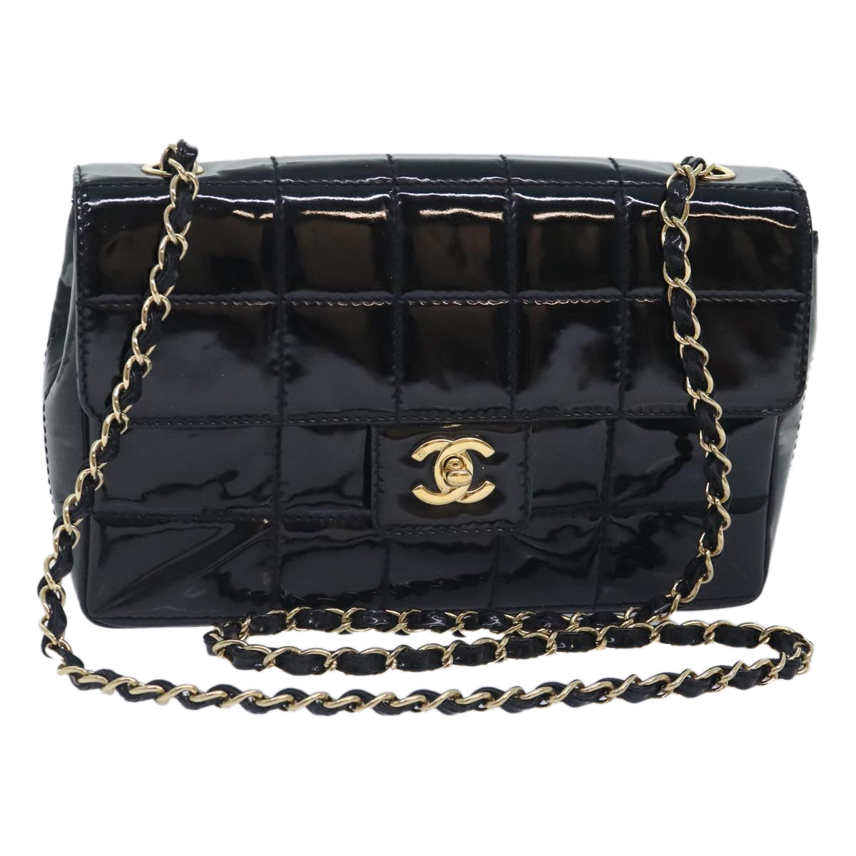 CHANEL Choco Bar Turn Lock Chain Shoulder Bag Patent leather Black CC Auth 90804