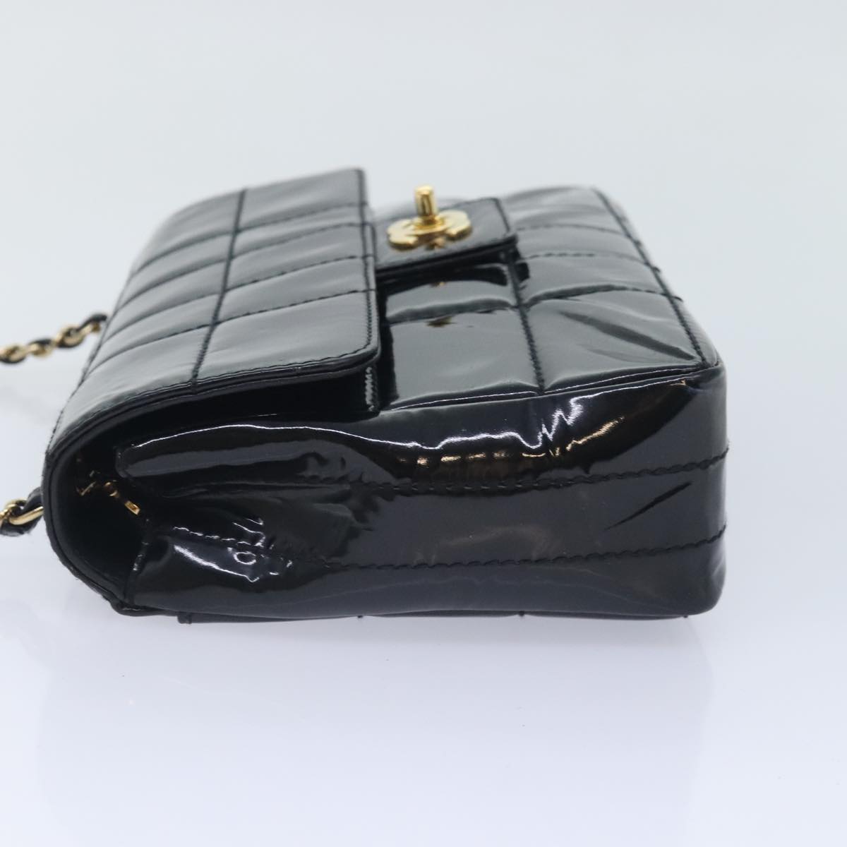 CHANEL Choco Bar Turn Lock Chain Shoulder Bag Patent leather Black CC Auth 90804