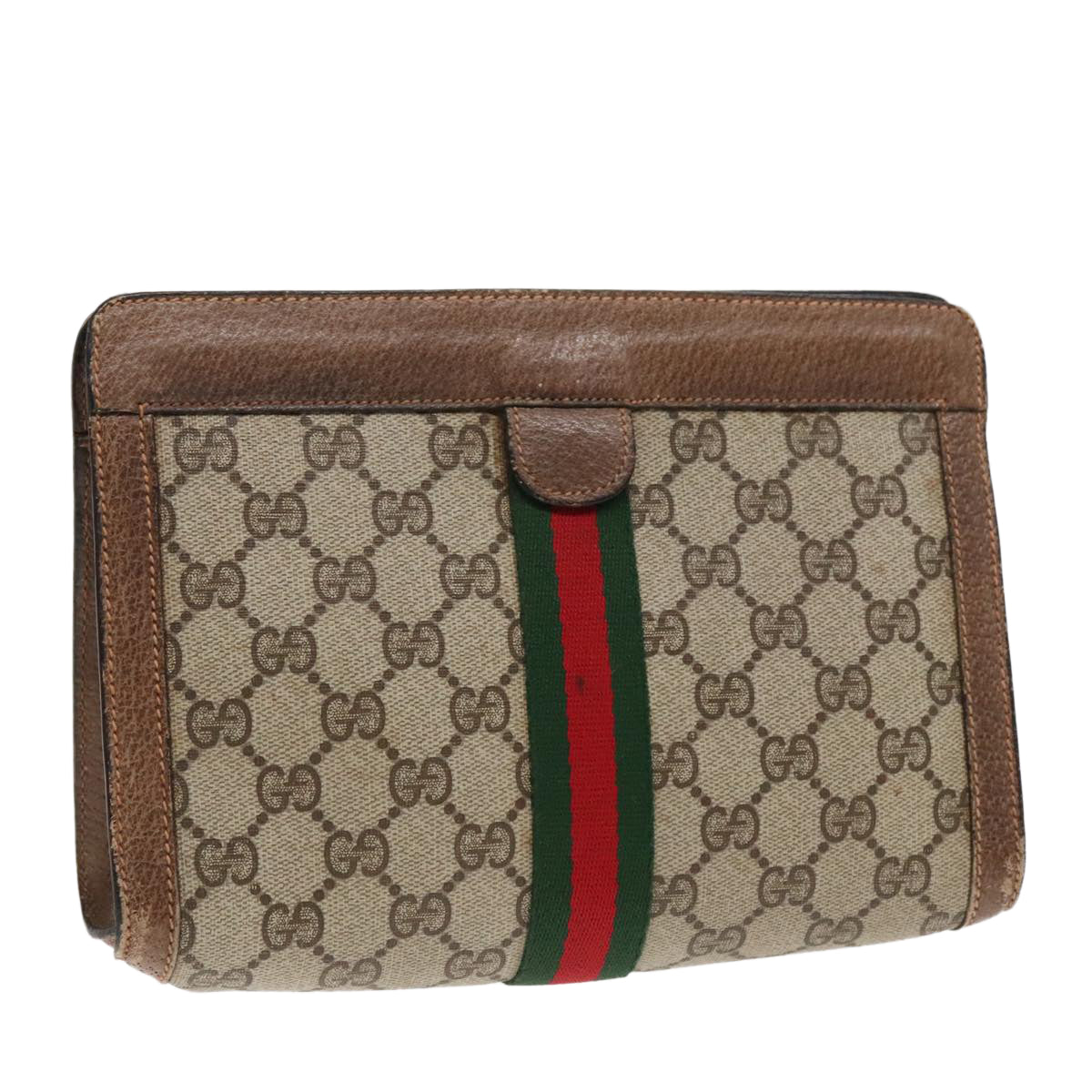 GUCCI GG Canvas Web Sherry Line Clutch Bag PVC Leather Beige Green Auth 90836